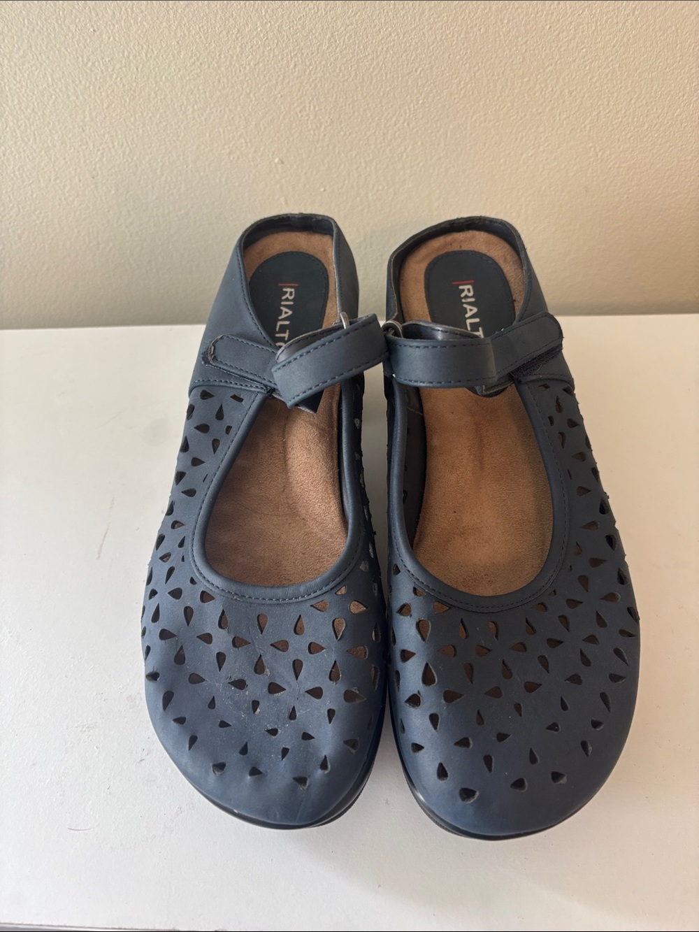 Rialto Navy Laser-Cut Mary Jane Flats with Adjustable Strap